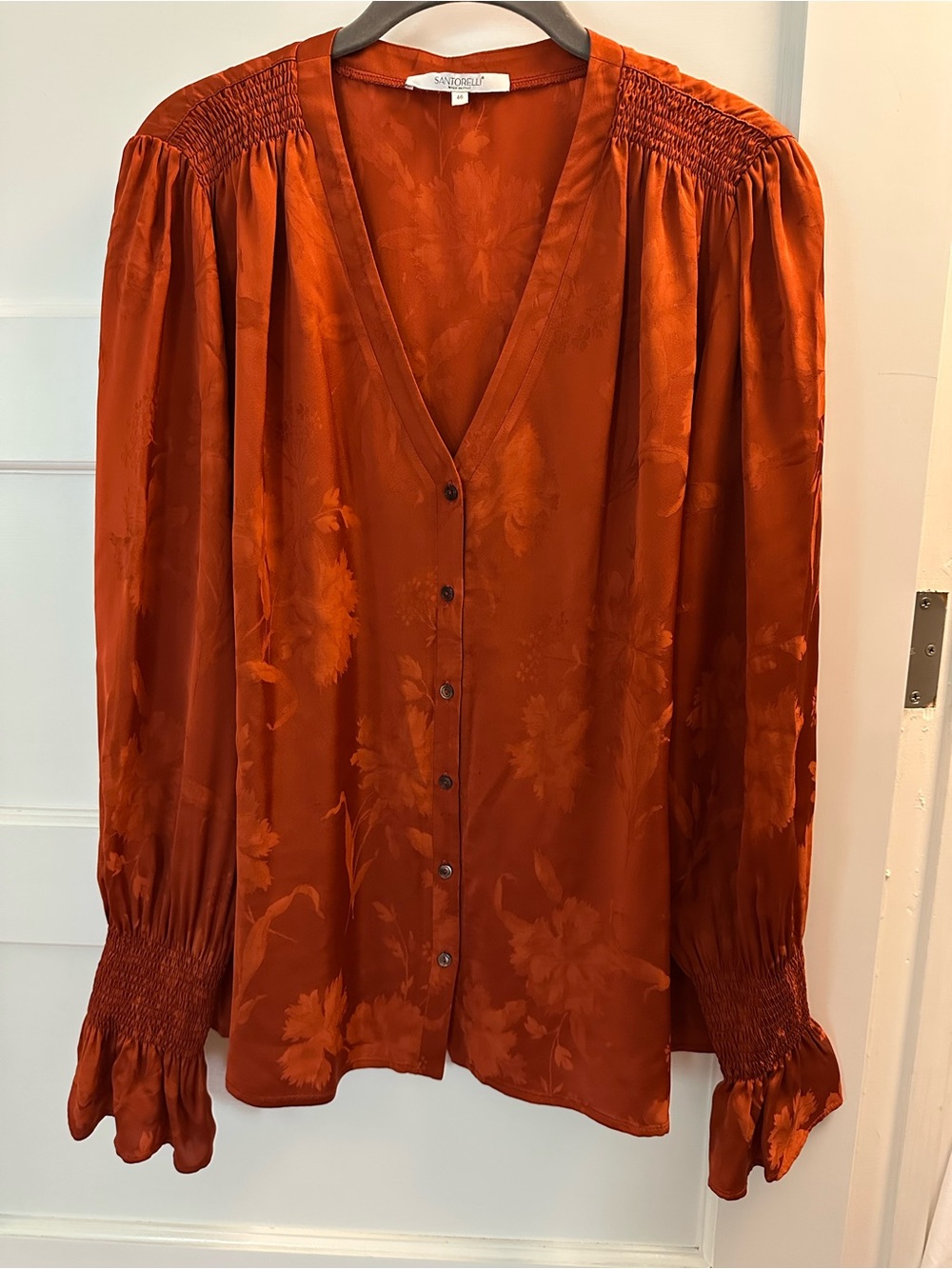 Santorelli Rust-Orange Floral V-Neck Button Blouse